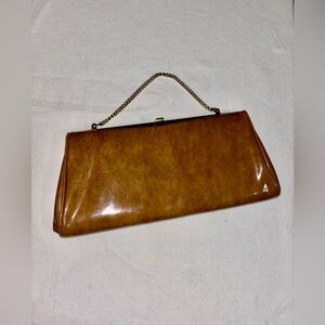 Vintage bag Gold tone frame brown patent leather clutch